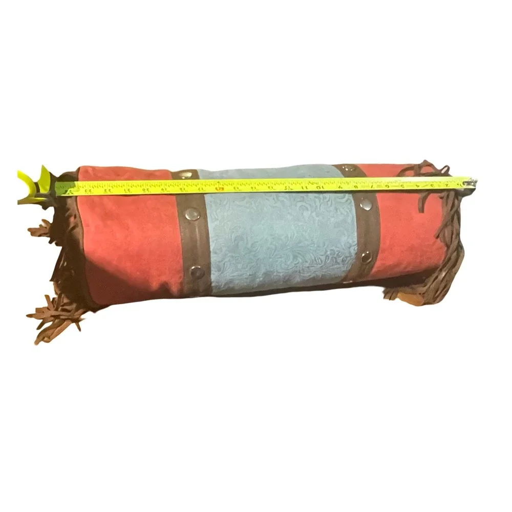 Boho Western Suede Fringe Bolster Pillow Coral Blue Embossed‎ Accent King Size